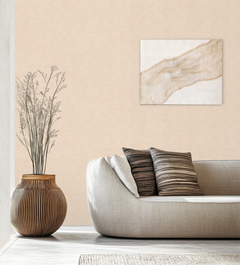 Papel pintado liso color crema melocotón efecto textil hilos de lino y algodón  Raffton Clay 685352