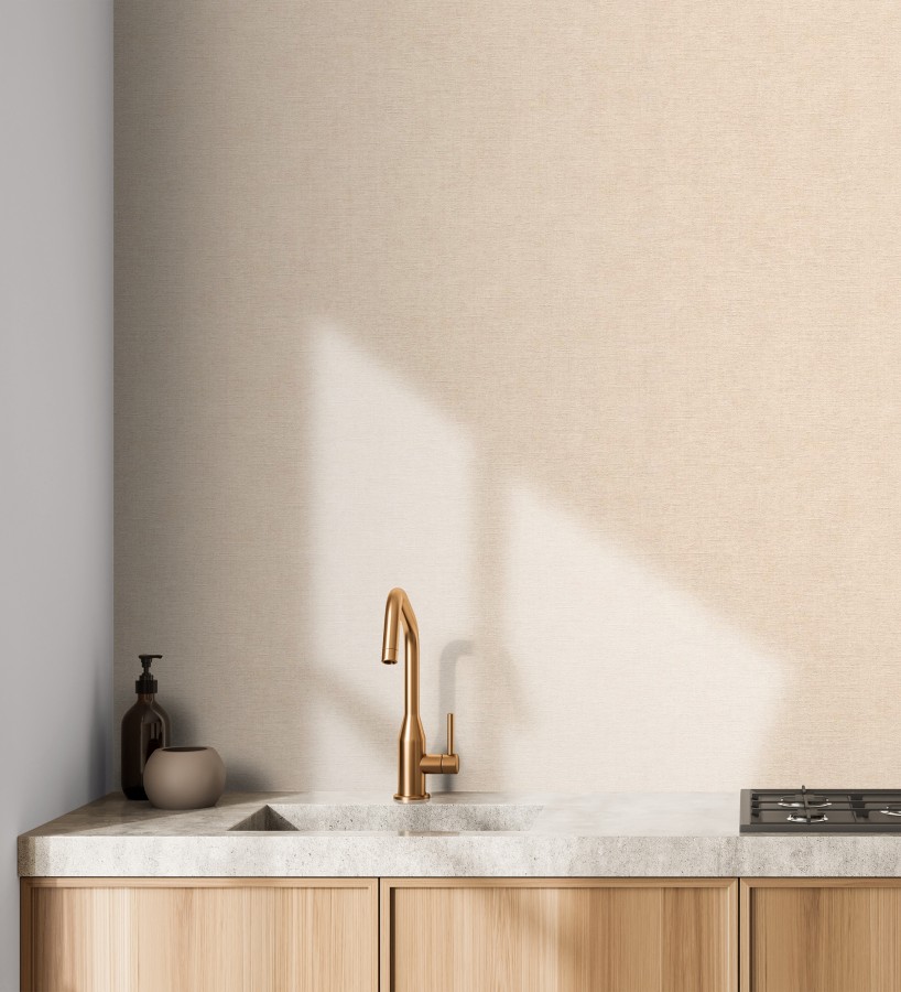Papel pintado liso color crema melocotón efecto textil hilos de lino y algodón  Raffton Clay 685352