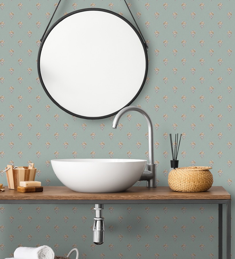 Papel pintado provenzal francés de flores pequeñas fondo verde agua oscuro  Willowmere Ditsy 684309