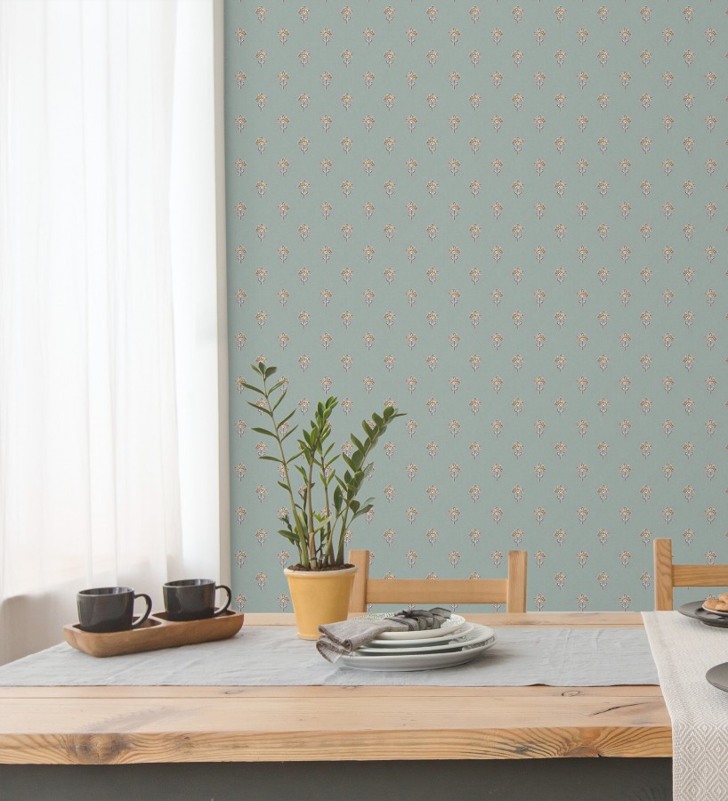 Papel pintado provenzal francés de flores pequeñas fondo verde agua oscuro  Willowmere Ditsy 684309