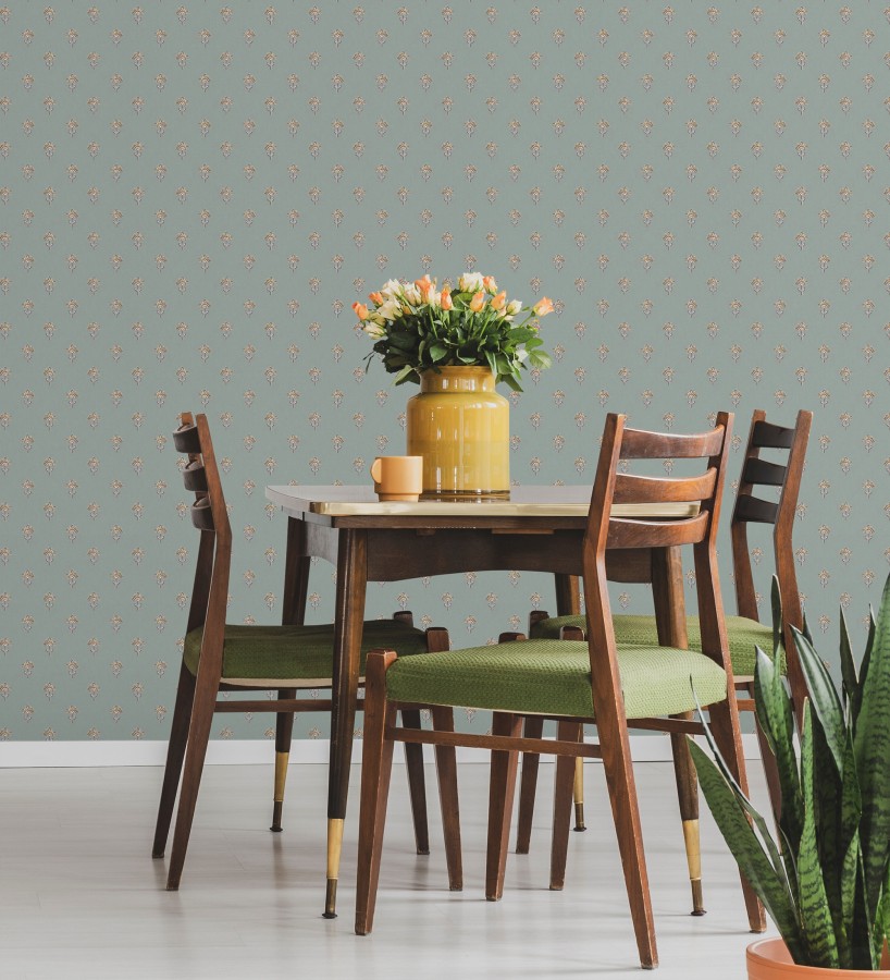 Papel pintado provenzal francés de flores pequeñas fondo verde agua oscuro  Willowmere Ditsy 684309