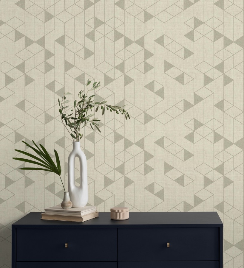 Papel pintado estructura lineal con trama textil color beige tostado  Crystal Grid 683784