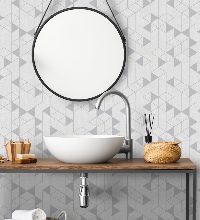 Papel pintado estructura lineal con trama textil color gris y plata  Crystal Grid 683785