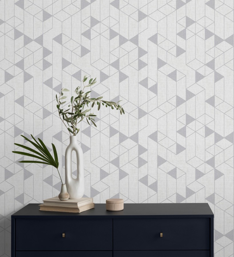Papel pintado estructura lineal con trama textil color gris y plata  Crystal Grid 683785