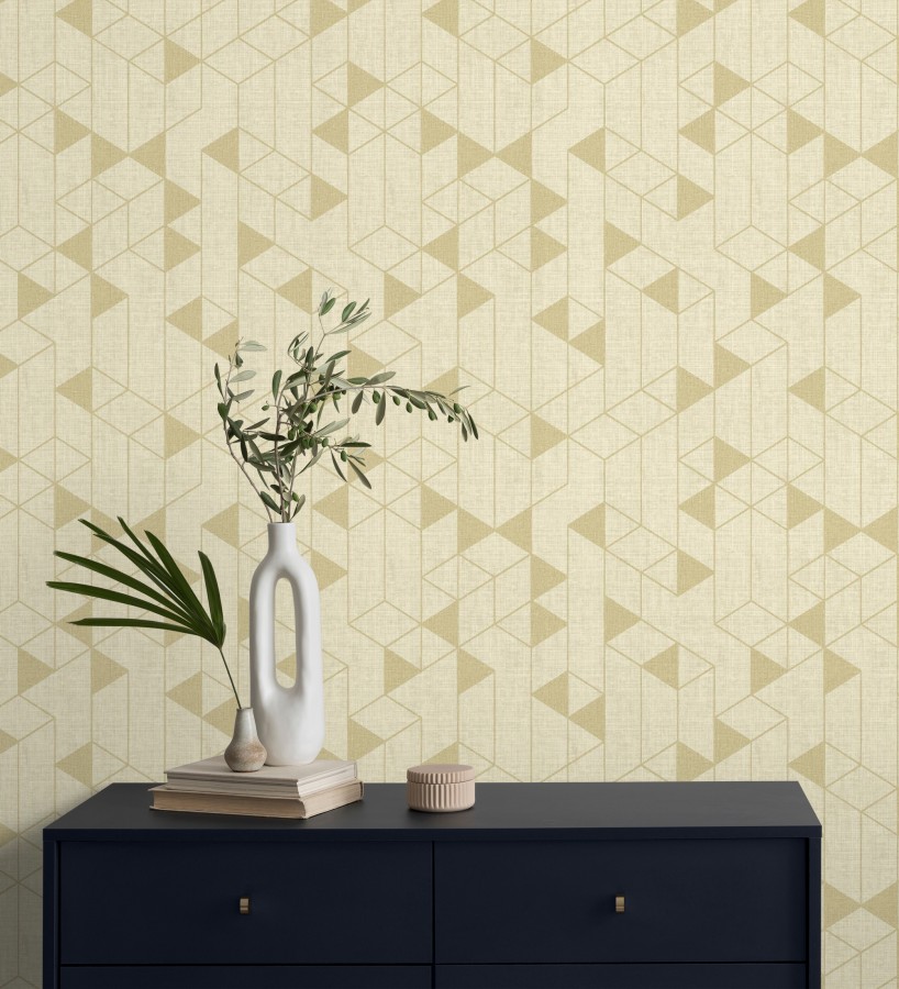 Papel pintado estructura lineal con trama textil color amarillo y oro  Crystal Grid 683786
