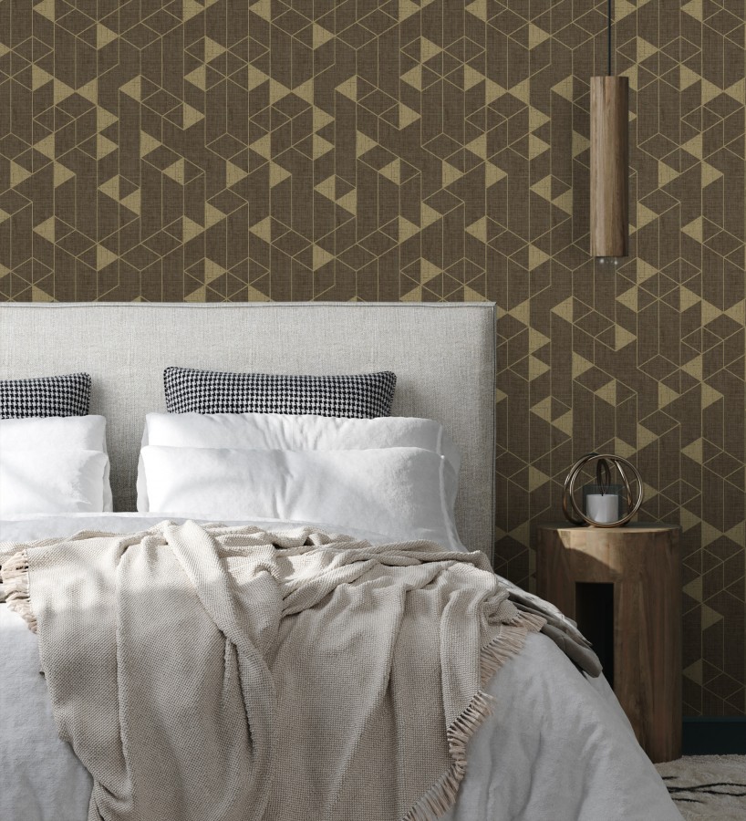 Papel pintado estructura lineal con trama textil color marrón y oro  Crystal Grid 683787