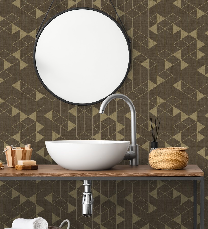Papel pintado estructura lineal con trama textil color marrón y oro  Crystal Grid 683787