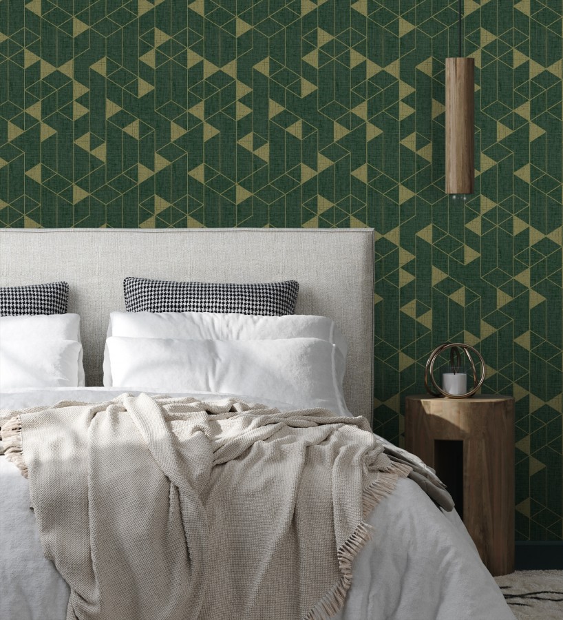 Papel pintado estructura lineal con trama textil color verde y oro  Crystal Grid 683788