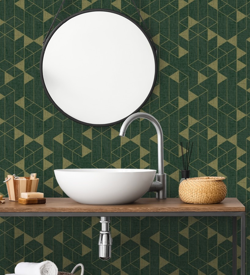 Papel pintado estructura lineal con trama textil color verde y oro  Crystal Grid 683788