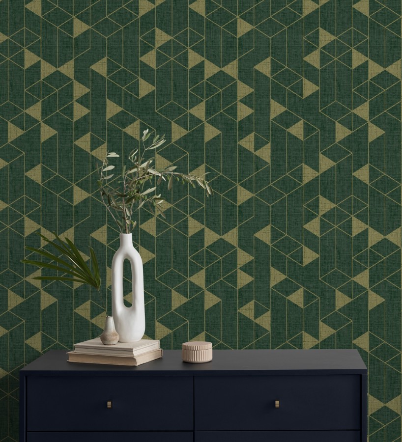 Papel pintado estructura lineal con trama textil color verde y oro  Crystal Grid 683788