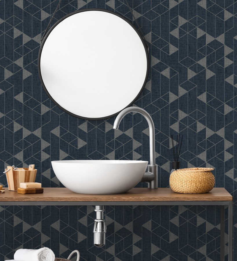Papel pintado estructura lineal con trama textil color azul y gris metalizado  Crystal Grid 683789