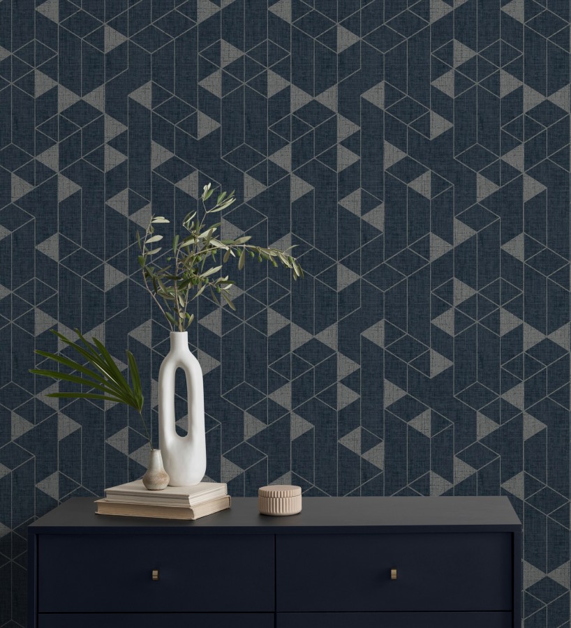 Papel pintado estructura lineal con trama textil color azul y gris metalizado  Crystal Grid 683789