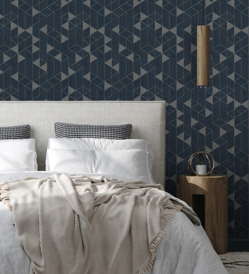 Papel pintado estructura lineal con trama textil color azul y gris metalizado  Crystal Grid 683789