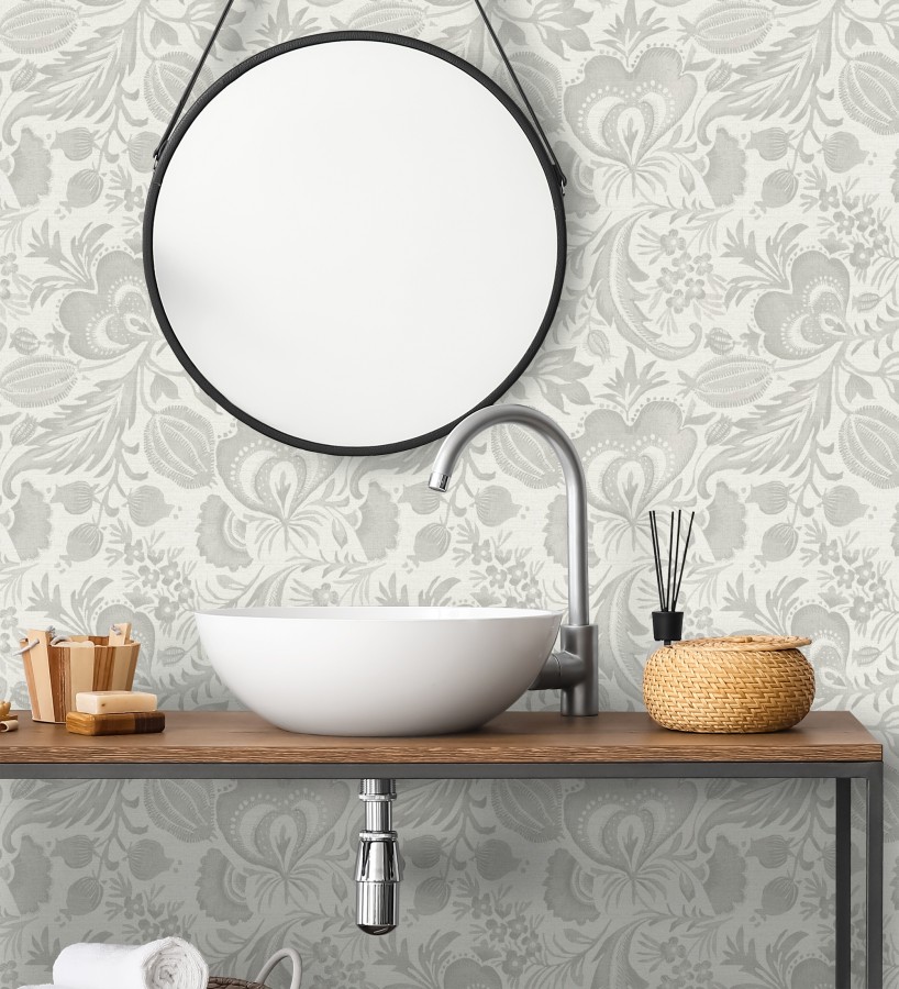 Papel pintado botánico con flores tono neutro efecto lino  Dahlia Rose 683794