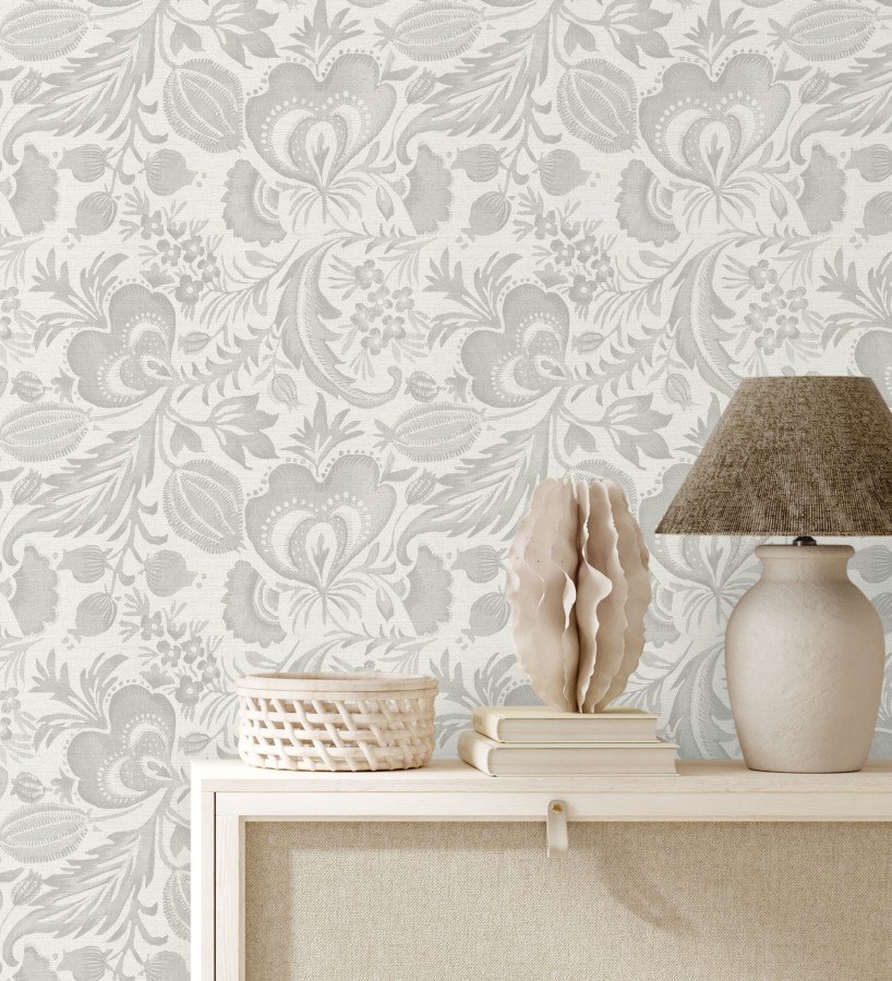 Papel pintado botánico con flores tono neutro efecto lino  Dahlia Rose 683794