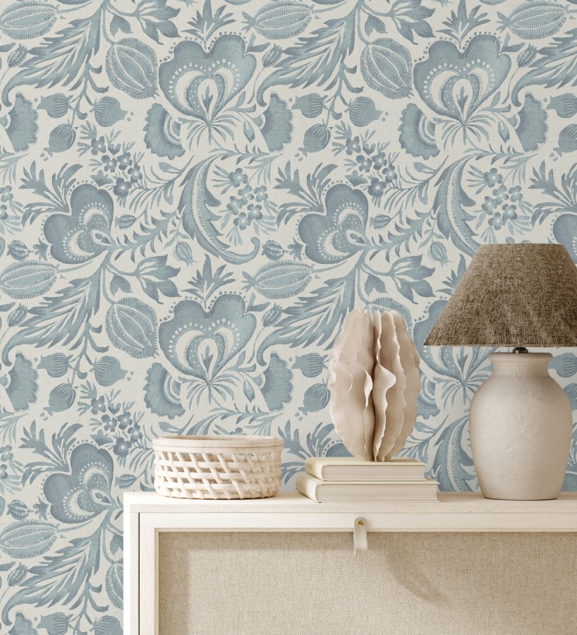Papel pintado botánico con flores azul efecto lino  Dahlia Rose 683795