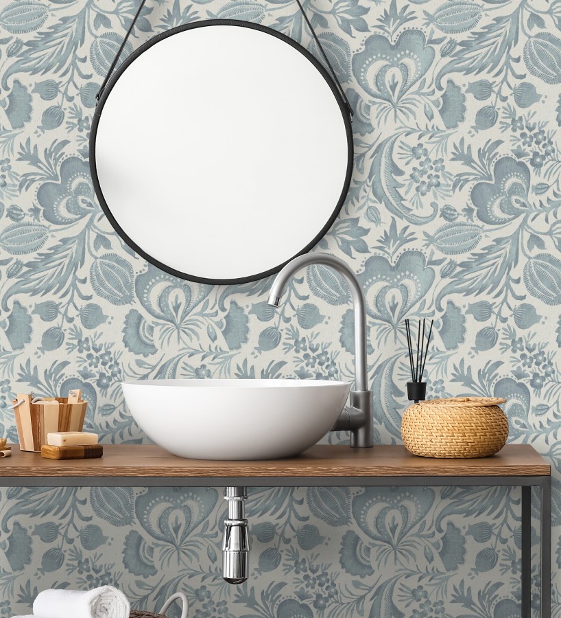 Papel pintado botánico con flores azul efecto lino  Dahlia Rose 683795