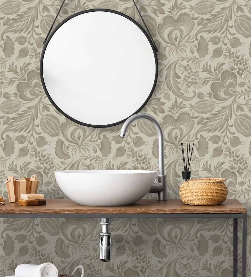 Papel pintado botánico con flores beige tostado efecto lino  Dahlia Rose 683796