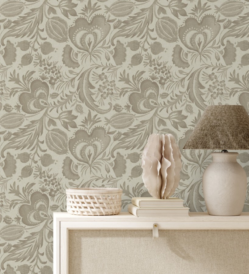 Papel pintado botánico con flores beige tostado efecto lino  Dahlia Rose 683796