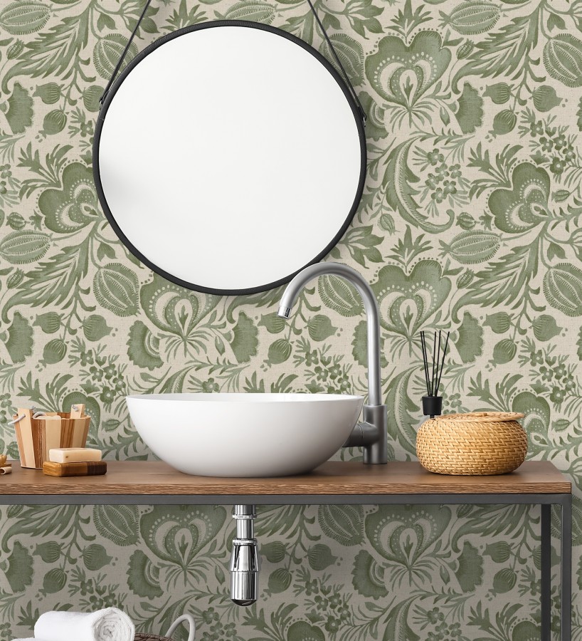 Papel pintado botánico con flores verdes efecto lino  Dahlia Rose 683797