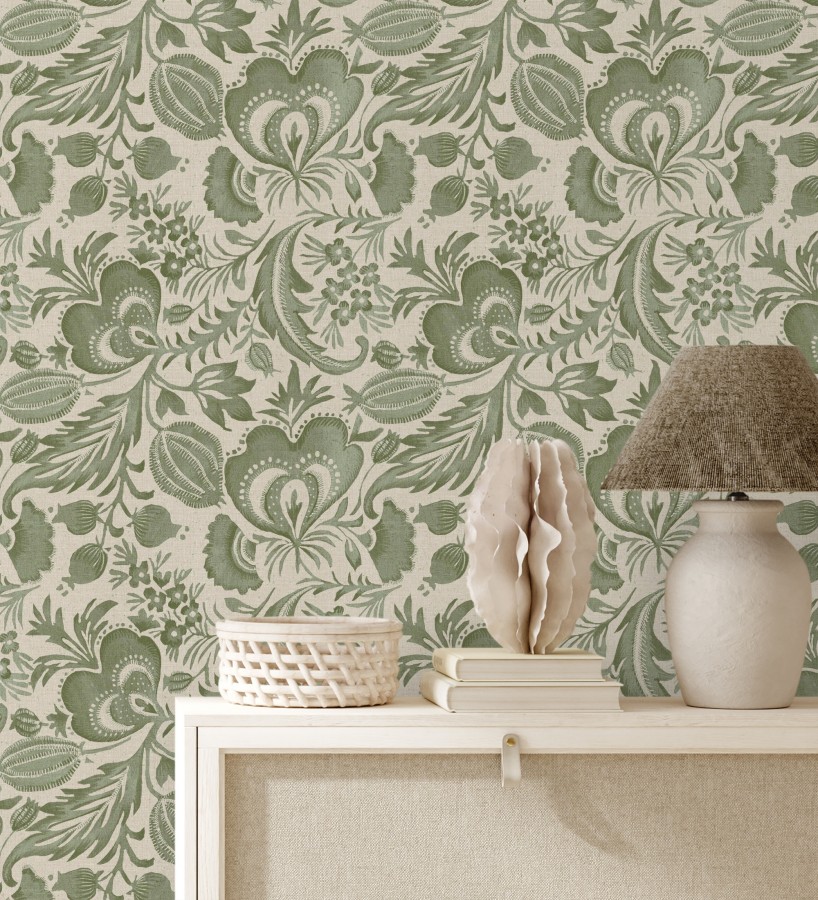 Papel pintado botánico con flores verdes efecto lino  Dahlia Rose 683797