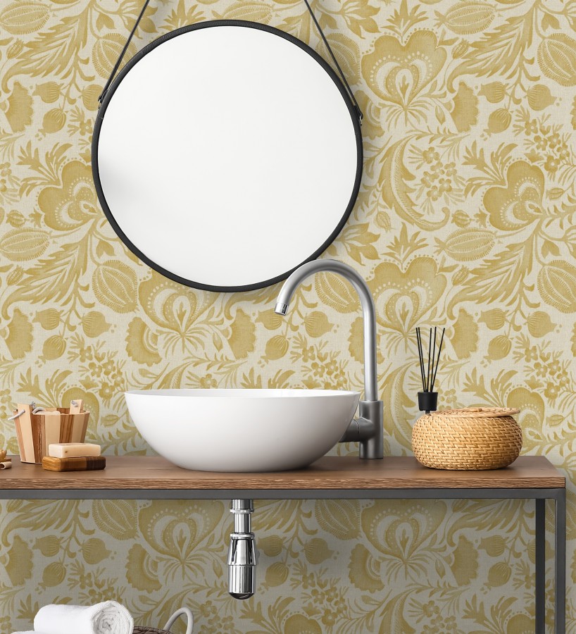 Papel pintado botánico con flores amarillo mostaza efecto lino  Dahlia Rose 683798