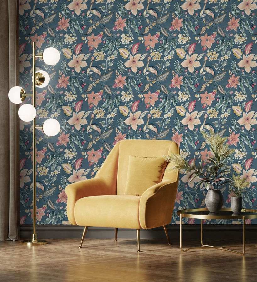 Papel pintado garza y flora exótica azul petróleo  Seraphina Garden 683804