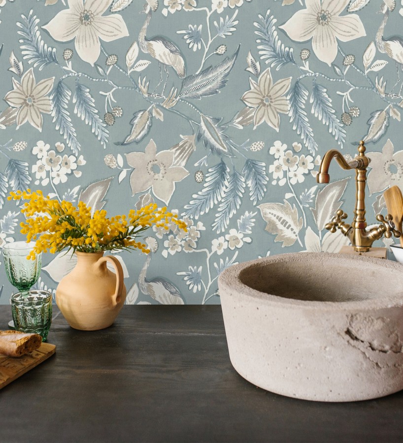 Papel pintado garza y flora exótica azul bruma  Seraphina Garden 683805