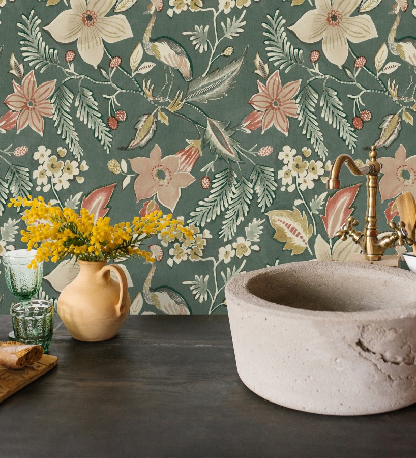 Papel pintado garza y flora exótica fondo verde  Seraphina Garden 683806