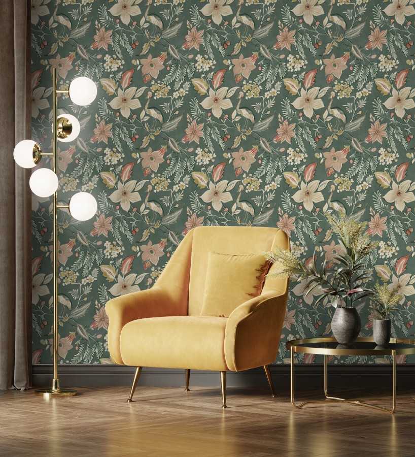 Papel pintado garza y flora exótica fondo verde  Seraphina Garden 683806