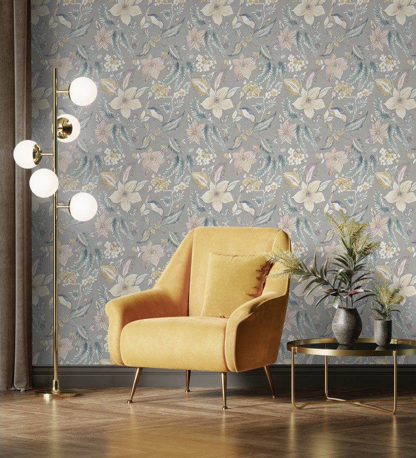 Papel pintado garza y flora exótica fondo gris  Seraphina Garden 683807