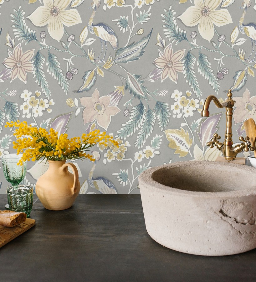 Papel pintado garza y flora exótica fondo gris  Seraphina Garden 683807
