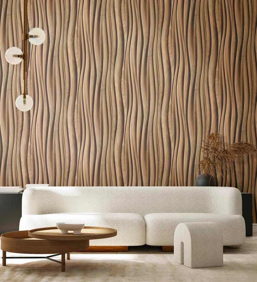 Papel pintado madera de Teca 3D ondas de fresno natural moderno  Kobe Drift 685257