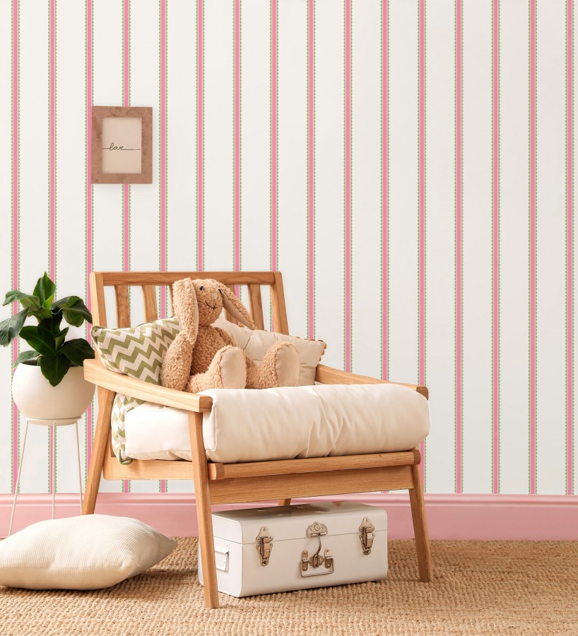 Papel pintado rayas fucsia y verdes festoneadas infantil  Olivia Wavy 684080