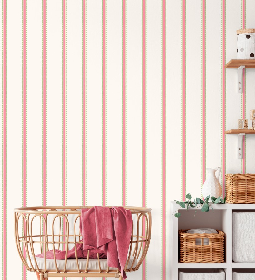 Papel pintado rayas fucsia y verdes festoneadas infantil  Olivia Wavy 684080