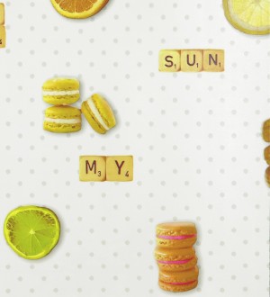 Papel pintado macarons y fichas de scrabble amarillo tropical Poulain 119509