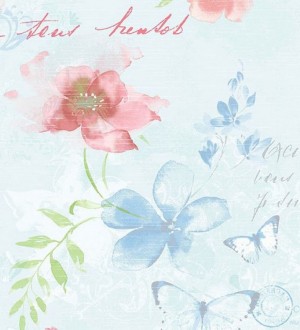 Papel pintado flores y letras vintage fondo celeste claro pálido Amyte 119595