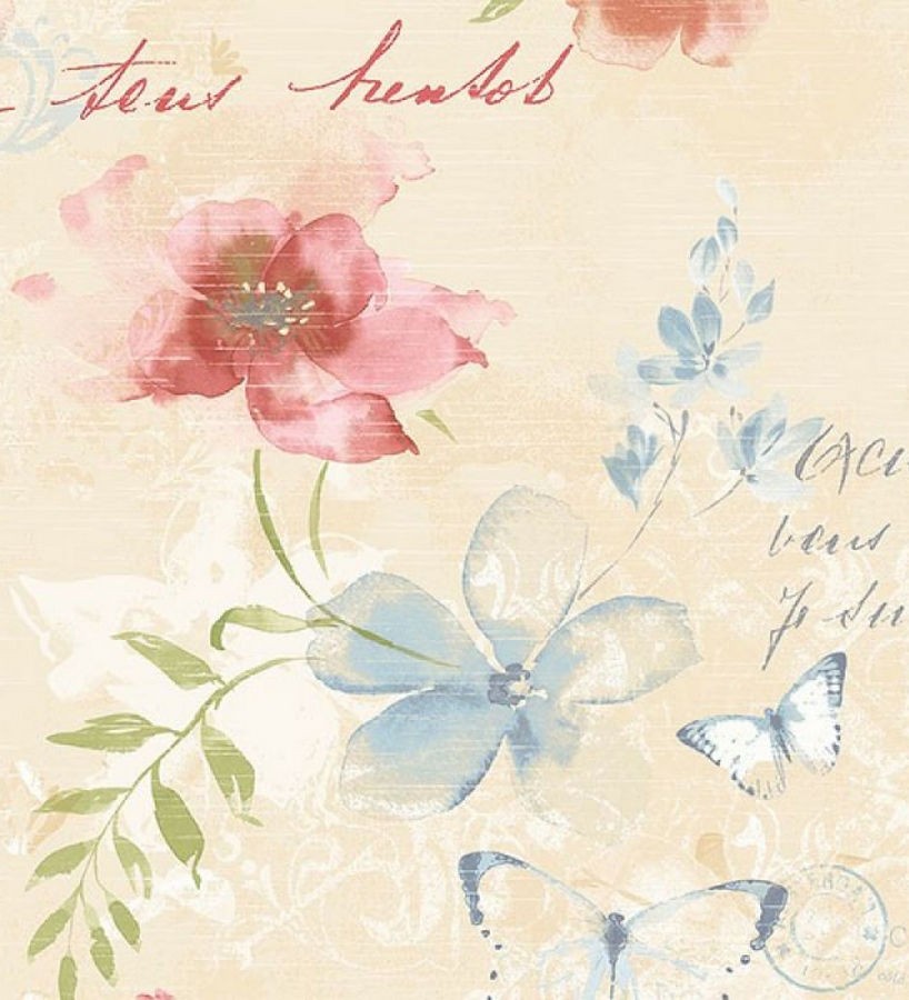 Papel pintado flores y letras vintage fondo beige claro Amyte 119598
