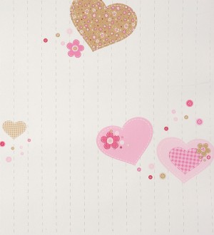 Papel pintado corazones patchwork y flores infantiles rosa claro Flowering 340947