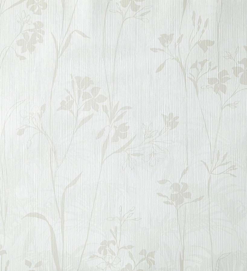 Papel pintado hojas delgadas y flores pequeñas gris claro Juncus 342059