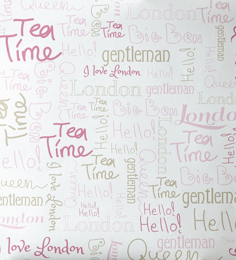 Papel pintado letras con símbolos de Londres tonos rosa London Letters 342112