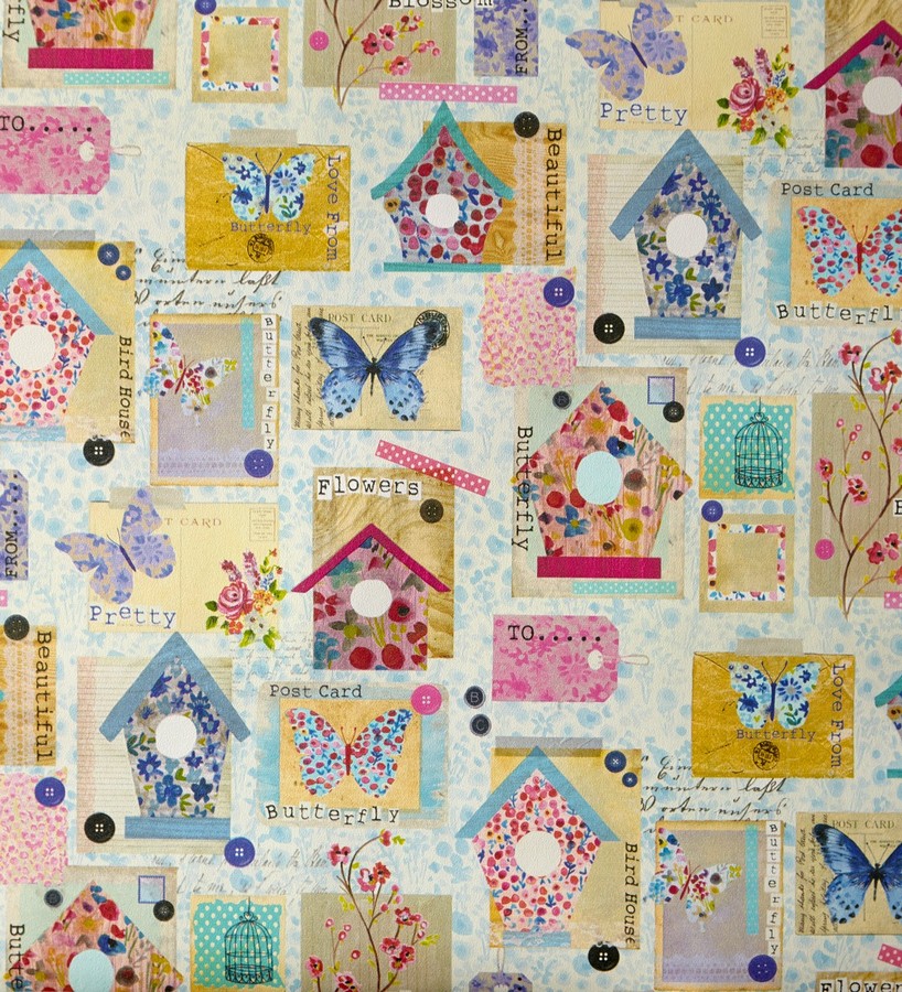 Papel pintado patchwork con casas de pájaros y mariposas Romantic Birdcages 342128