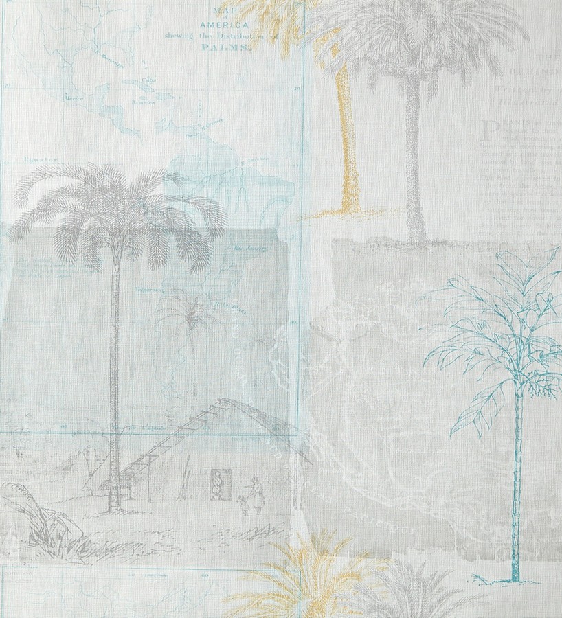 Papel pintado collage páginas con aldeas coloniales verde azulado Makonde 342185