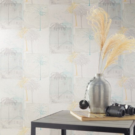 Papel pintado collage páginas con aldeas coloniales verde azulado Makonde 342185