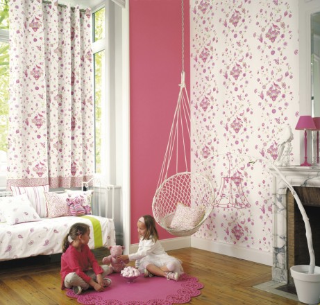 Papel pintado ornamental infantil de patos y flores rosa intenso Ornamental Birds 228322