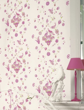 Papel pintado ornamental infantil de patos y flores rosa intenso Ornamental Birds 228322