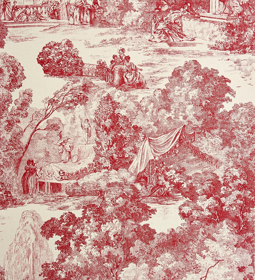 Papel pintado toile de jouy clásico escenas del parque rojo teja Freminet 229128
