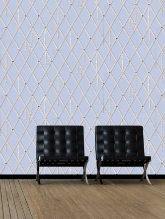 Papel pintado ornamental de rombos con lazos fondo celeste lavanda Batlló 563845
