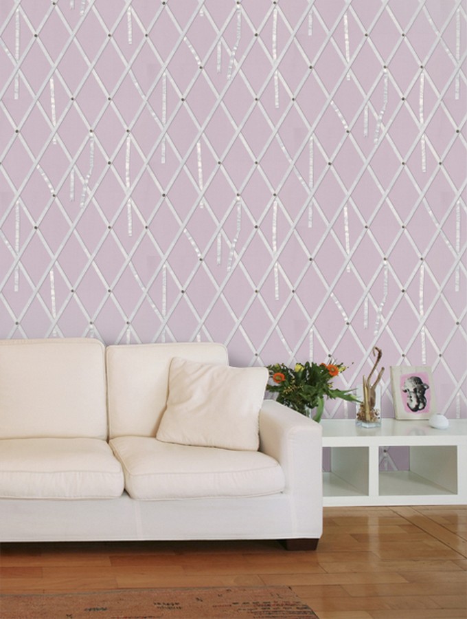 Papel pintado ornamental de rombos con lazos fondo lila  Batlló 563846