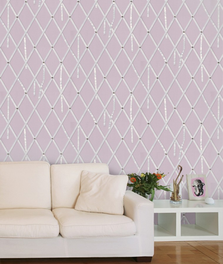 Papel pintado ornamental de rombos con lazos fondo lila  Batlló 563846